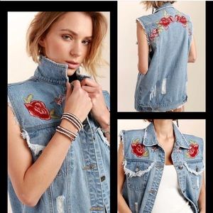 Denim sleeveless floral embroidered vest- NWT